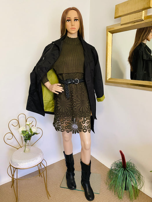 Olive Knitted with Floral Lace Dress