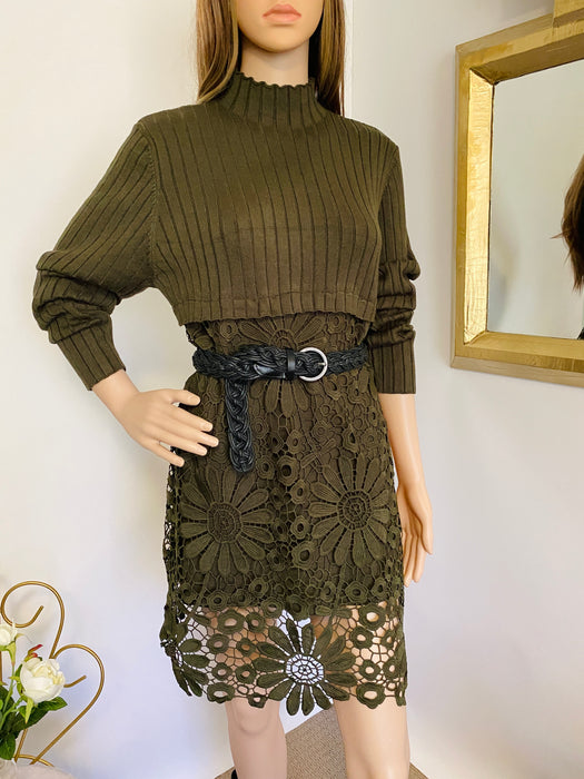 Olive Knitted with Floral Lace Dress