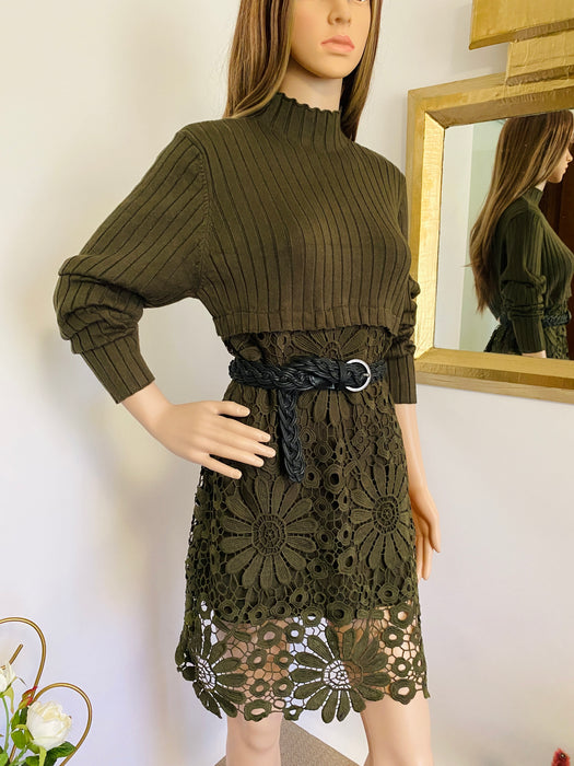 Olive Knitted with Floral Lace Dress