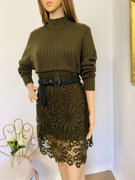 Olive Knitted with Floral Lace Dress