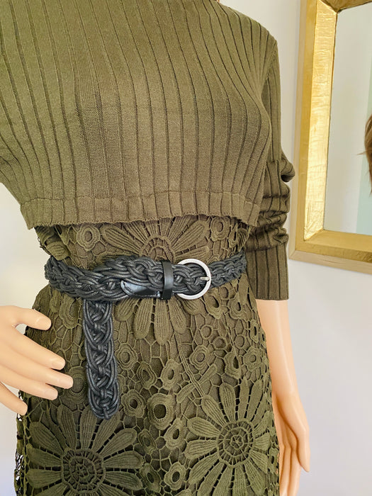 Olive Knitted with Floral Lace Dress